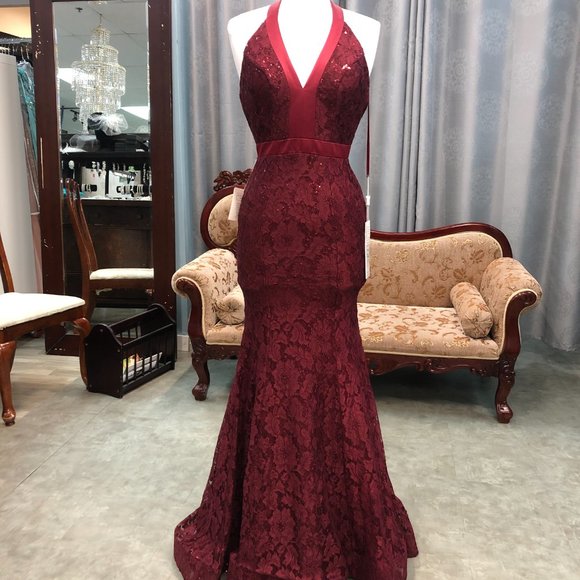 Burgundy Halter Sexy Low Back Prom Dress, Size 0 2 4, Mermaid, Sequin & Lace - Picture 2 of 13